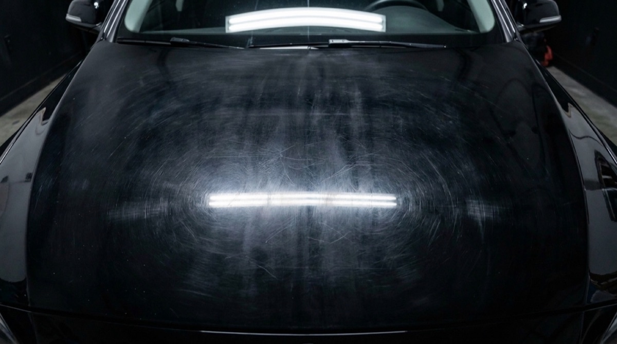 Black hood covered in swirl marks before correction