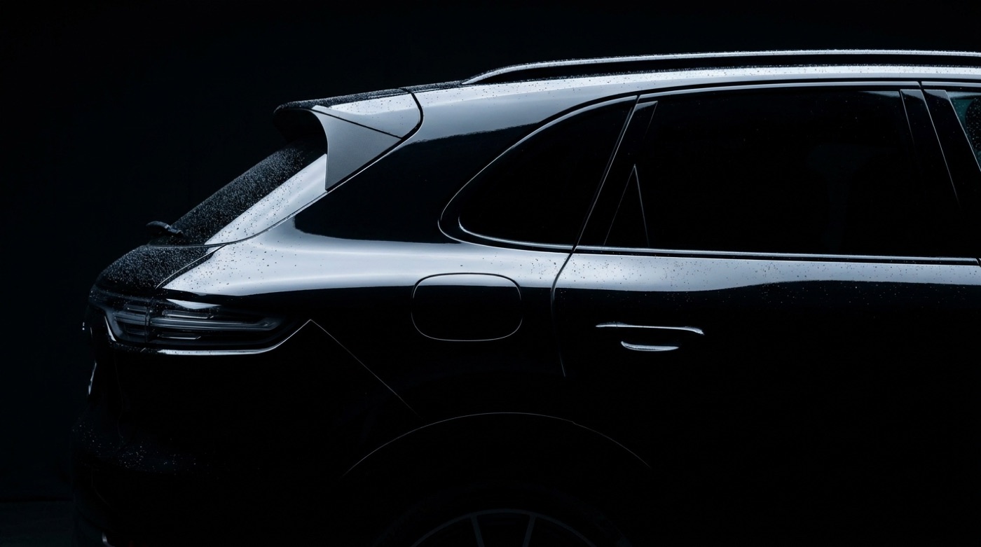 Glossy black SUV with water beading on ceramic coated paint