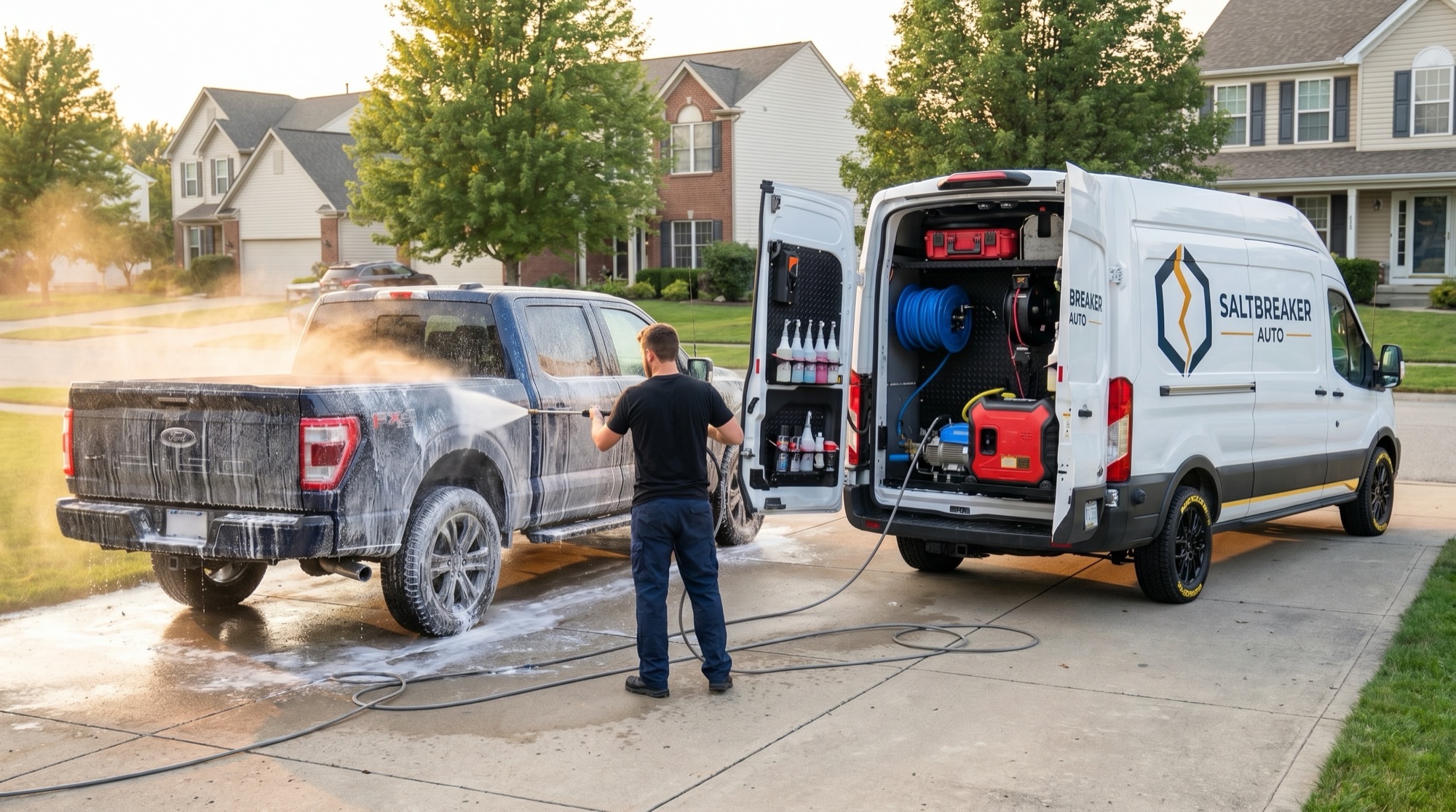 Saltbreaker Auto mobile detailing van washing a Ford F-150 on a driveway in Brunswick, Ohio